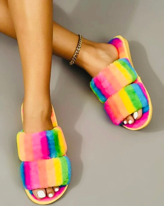 Lisa Frank Inspired Fuzzy Rainbow Slippers W/free Squishmallow - Etsy