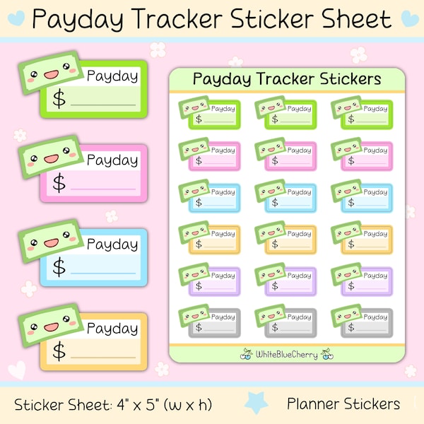 Payday Tracker Sticker Sheet | Planner Sticker | Paycheck Sticker | Budget Planner Stickers | Finance Planner