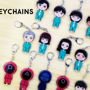 SG Keychain Acrylic Charm K-Drama Keyring Korean Drama Sticker Sheets Sticker Pack Labels Key Ring Green Player Red Soldier Sticker SG