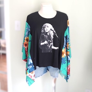 Stevie Nicks  Inspired T-Shirt Poncho. Upcycled festival poncho. Upcycled tee poncho. Concert Boho Hippie shirt. Free Size.