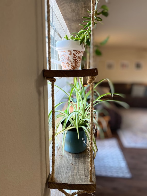 Window Plant Shelf 3 Tiered Hanging Wooden Window Shelf Hanging Window  Shelf Window Floating Shelves Hanging Rope Shelves 