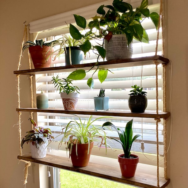 Window Plant Shelf ( 3 tiered) | Hanging Wooden Window Shelf | Hanging Window Shelf | Window Floating Shelves | Hanging Rope Shelves