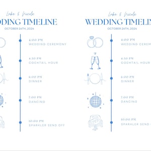 May include: A wedding timeline with blue and white illustrations. The timeline includes the wedding ceremony, cocktail hour, dinner, dancing, and sparkler send off. The date is October 26th, 2024.