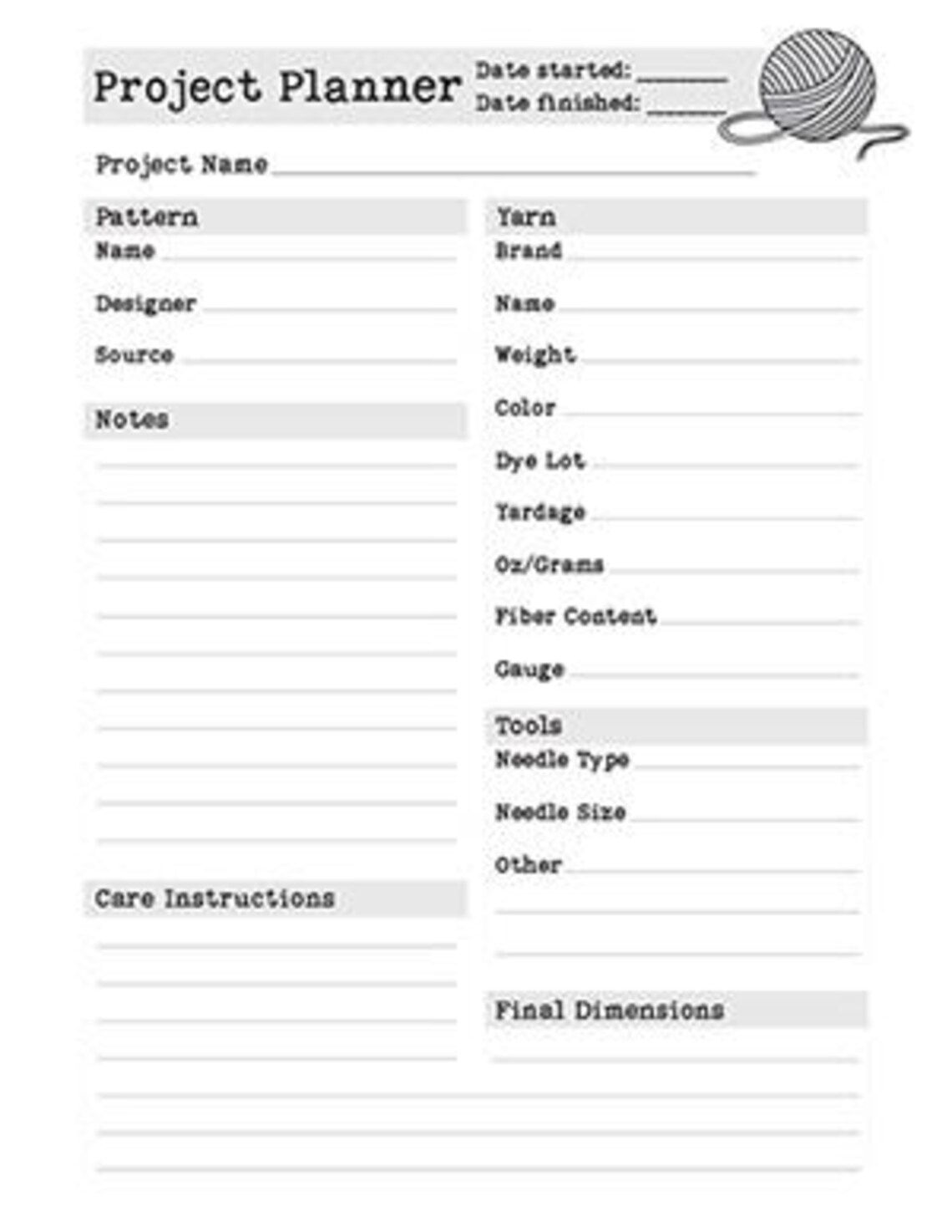 Printable & Digitally Fillable Knitting or Crochet Project Notes ...