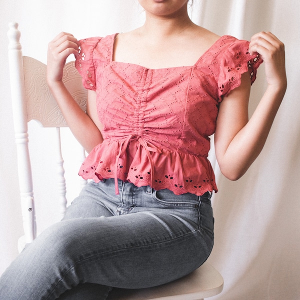 Adah Top, Eyelet Blouse, Ruffle Blouse, Coral Top, Front Cinched, Dainty and Feminine Attire, Sweetheart Neckline, Puff Sleeve, True to size