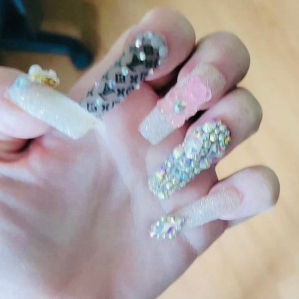 Claws Out| Sugared White Glitter | AB Stones | Luxury Press On Nails | Short Regular Long XL 3XL | Stiletto| Square| Coffin