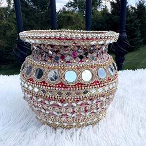 Kalash decorativo grande, Matki con specchio decorativo, Matki dorato, accessori per Puja, matrimonio indiano, matrimonio pakistano, Lotta di rame decorativo