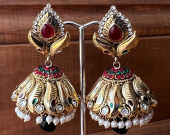 Red and Gold Polki Indian Earrings, Polki Earrings, Kundan Indian Earrings, Gold Earrings, Navratri Earrings, Traditional Earrings