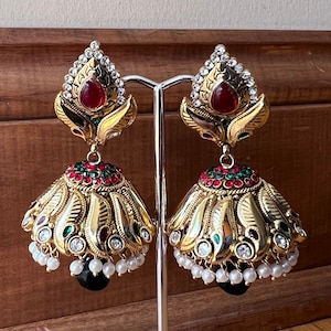 Red and Gold Polki Indian Earrings, Polki Earrings, Kundan Indian Earrings, Gold Earrings, Navratri Earrings, Traditional Earrings