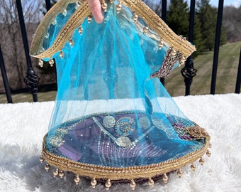 Colorful Net Gift Hamper Basket,Wedding Tray,Henna Cones Tray,Indian wedding Decor Mehndi Diwali Hamper, Colorful Basket Indian Clothes Tray
