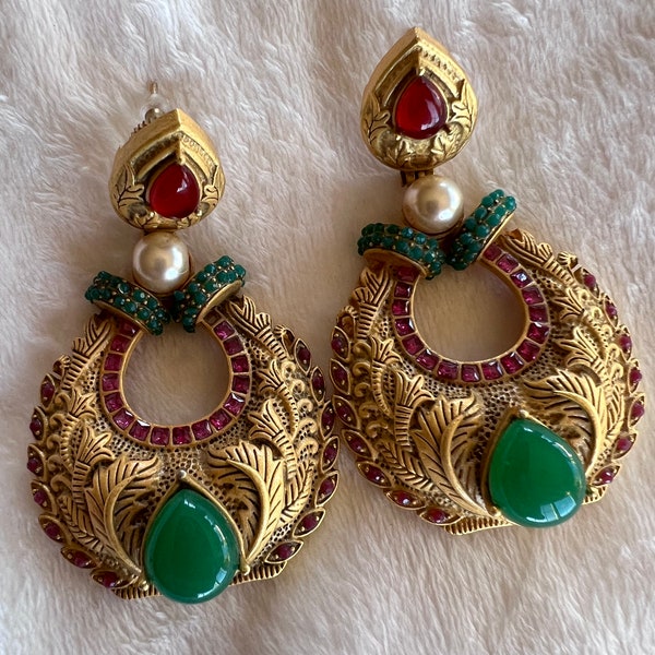 Red and Green Polki Indian Earrings, Gold Emerald Earrings, Kundan Indian Earrings, Gold Earrings, Navratri Earrings, Traditional Earrings