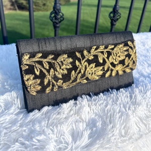Black Silk Zardozi Evening Bag, Indian Clutch, Indian Evening Bag, Indian Purse, Black and Yellow Clutch,Indian Fashion Purse,Envelope Purse