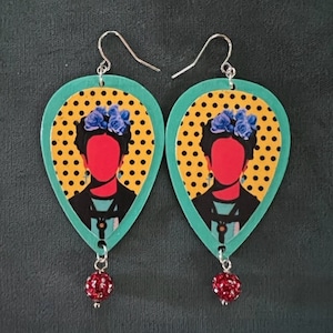SALE! Frida Aqua Yellow Polka Dot Boho Two-Sided Inverted Teardrop Earrings