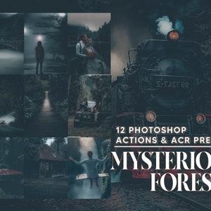 May include: A set of 12 Photoshop actions and ACR presets for creating mysterious forest-themed images. The image shows a dark, moody forest with a train in the background and a couple in the foreground. The text "Mysterious Forest" is superimposed on the image.
