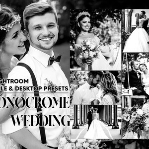 May include: A black and white collage featuring multiple wedding photos. The text overlay reads "12 Lightroom Mobile & Desktop Presets Monochrome Wedding."