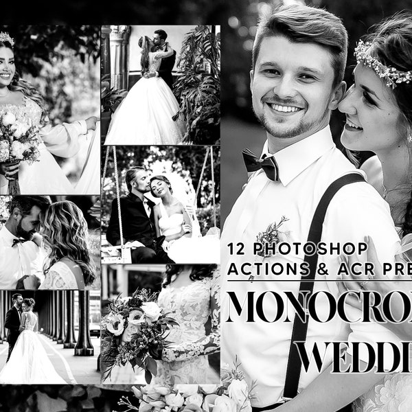 12 actions Photoshop, action Ps de mariage monochrome, noir et blanc ACR prédéfini filtre PS romantique portrait et thème de style de vie pour Instagram