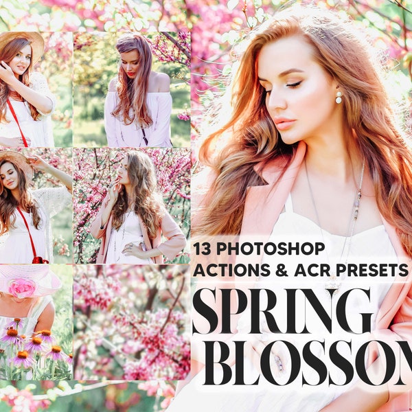 13 Photoshop Actions, Spring Blossoms Ps Action, Pastel Pink ACR Preset, Bright Ps Filter, Atn Portrait Lifestyle Theme Instagram, Blogger