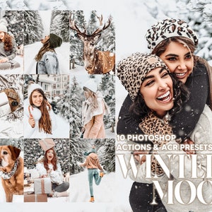 May include: A collage of winter-themed images, including a snowy forest, a deer, people wearing winter clothing, and a dog. The text "10 Photoshop Actions & ACR Presets Winter Mood" is displayed in the centre of the image.