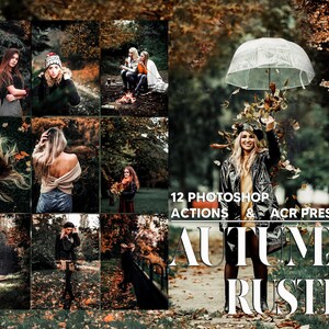 以下が含まれることがあります： 秋のテーマで写真を編集するための、12個のPhotoshopアクションとACRプリセットのセットです。画像は、秋の紅葉がかった森の中で、傘の下を歩く女性など、人々が写っている写真のコラージュです。