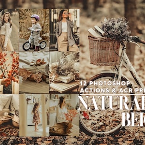 May include: A set of 12 Photoshop actions and ACR presets for editing photos in a natural beige color palette. The image shows a variety of photos edited with the presets, including a woman in a beige coat, a child on a bicycle, and a bicycle with a basket.