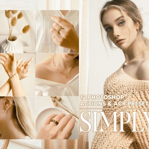 May include: A set of 12 Photoshop actions and ACR presets for photo editing. The image shows a woman wearing a beige sweater with the text "SIMPLY" on it. The text "12 PHOTOSHOP ACTIONS & ACR PRESETS" is also visible.