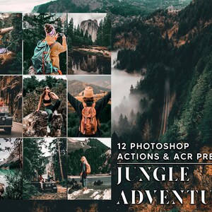 May include: A collage of 12 images showcasing a variety of nature scenes, including lush forests, misty mountains, and winding roads. The images are in a muted color palette with a vintage feel. The text "12 Photoshop Actions & ACR Presets Jungle Adventure" is at the bottom of the collage.