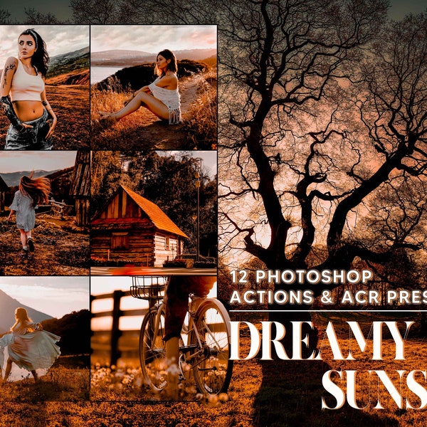 12 Photoshop Actions, Dreamy Sunset Ps Action, Golden  ACR Preset, Moody  Ps Filter, Atn Portrait And Lifestyle Theme Instagram, Blogger