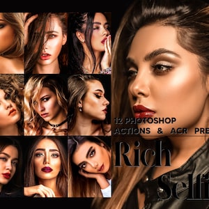 Puede incluir: Doce acciones de Photoshop y ajustes preestablecidos de ACR para mejorar las selfies. El texto "Rich Selfie" se muestra en negrita, en negro.