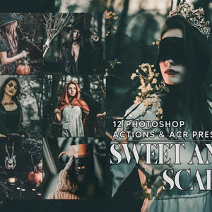 May include: A set of 12 Photoshop actions and ACR presets for creating a spooky, vintage aesthetic. The image features a woman in a white dress with a crown and a blindfold, surrounded by flowers and foliage. The text "Sweet and Scary" is superimposed on the image.