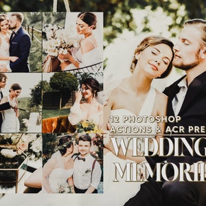 Könnte beinhalten: Ein Set mit 12 Photoshop-Aktionen und ACR-Voreinstellungen für Hochzeitsfotografie. Das Bild zeigt ein Paar in einer romantischen Umgebung, mit dem Text "Wedding Memories" überlagert.