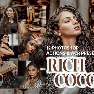 Może przedstawiać: Zestaw 12 akcji Photoshopa i ustawień wstępnych ACR do edycji zdjęć w bogatej kolorystyce kakao. Obraz przedstawia różne zdjęcia w ciepłych, brązowych tonach i z vintage'owym klimatem. Tekst "RICH COCOA" jest wyświetlony pogrubioną czcionką w kolorze brązowym.