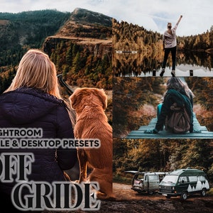 May include: A set of 12 Lightroom presets for mobile and desktop, titled "Off Gride". The image shows a woman and a dog in a forest setting, with a van in the background.