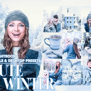 May include: A collage of images featuring winter scenes, people wearing winter clothing, and a cup of hot cocoa. The text "12 Lightroom Mobile & Desktop Presets Cute Winter" is displayed on the image.