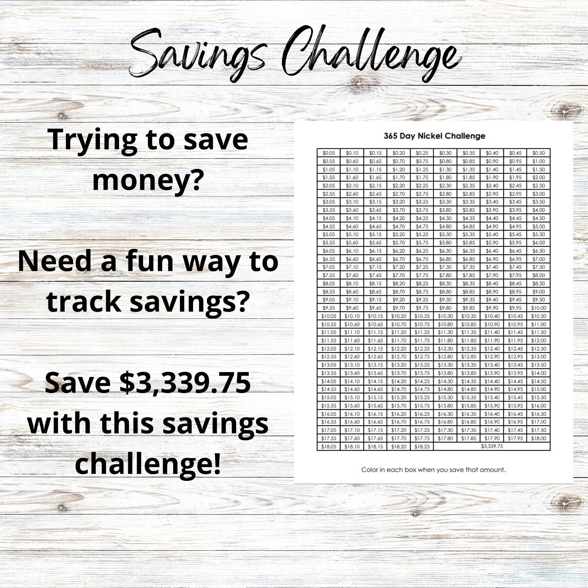 Savings Challenge Worksheet Nickel Challenge 365 Day Savings - Etsy