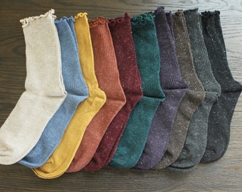 10 Solid Colors Cotton Blend Ruffle Tube Women Socks, Cuff Crew Socks, Cute Short Boot Socks, Loosen Top Soft Socks, Glitter Sock, 3 for 9