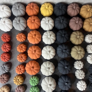 Puede incluir: Una colección de 60 pequeñas calabazas decorativas redondas de varios colores, incluyendo naranja, rojo, verde, amarillo, negro y blanco. Las calabazas están dispuestas en filas y columnas sobre una superficie gris.