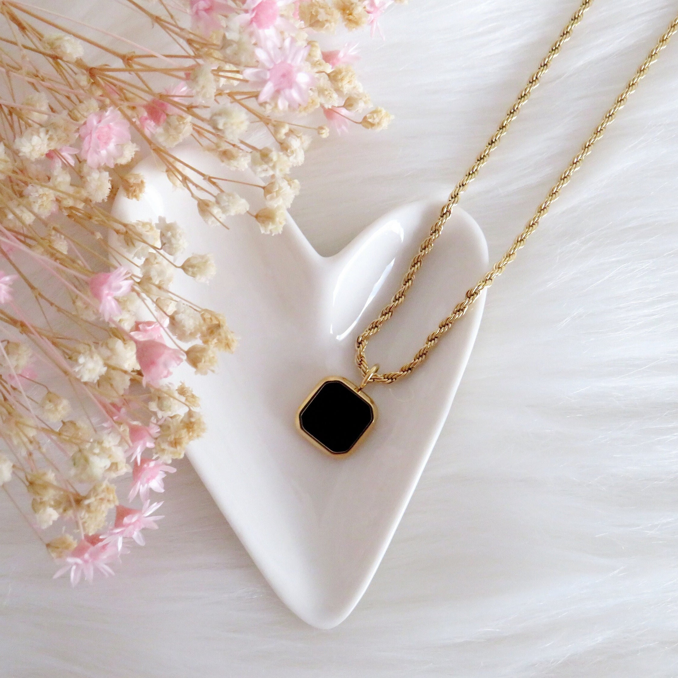 ONYX SQUARE STONE NECKLACE SNJ115 50cm Stainless Steel Necklace