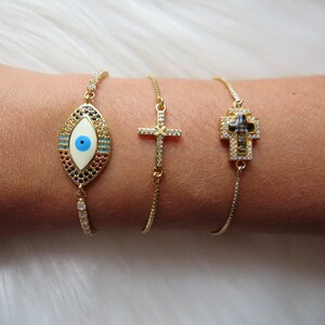 Evil eye bracelet, Cross adjustable bracelet, Adjustable bracelets, Gold evil eye bracelet, Gold cross bracelet, Gift for her,Women bracelet