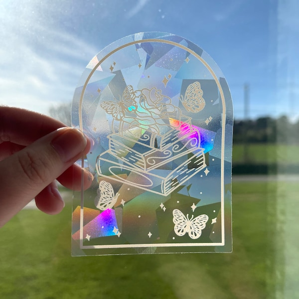 Library of Butterflies bookish suncatcher sticker rainbow maker window decal, rainbow prism sticker, removable suncatcher car decal film