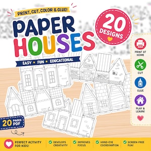 May include: A colorful graphic promoting paper house crafts. The image features several unfolded paper house templates, with text that reads "Paper Houses" and "20 Designs." Additional text includes "Print, Cut, Color & Glue!" and "Easy, Fun, Educational."