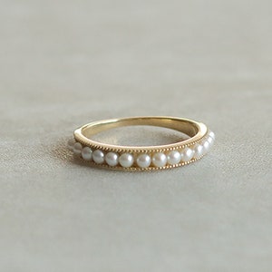 9K Gold, Half Eternity Band, Natural Freshwater Pearl, Dainty Ring, Stackable Ring, Thin Band, Wedding Band, Anniversary