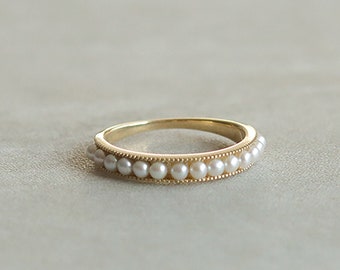 9K Gold, Half Eternity Band, Natural Freshwater Pearl, Dainty Ring, Stackable Ring, Thin Band, Wedding Band, Anniversary