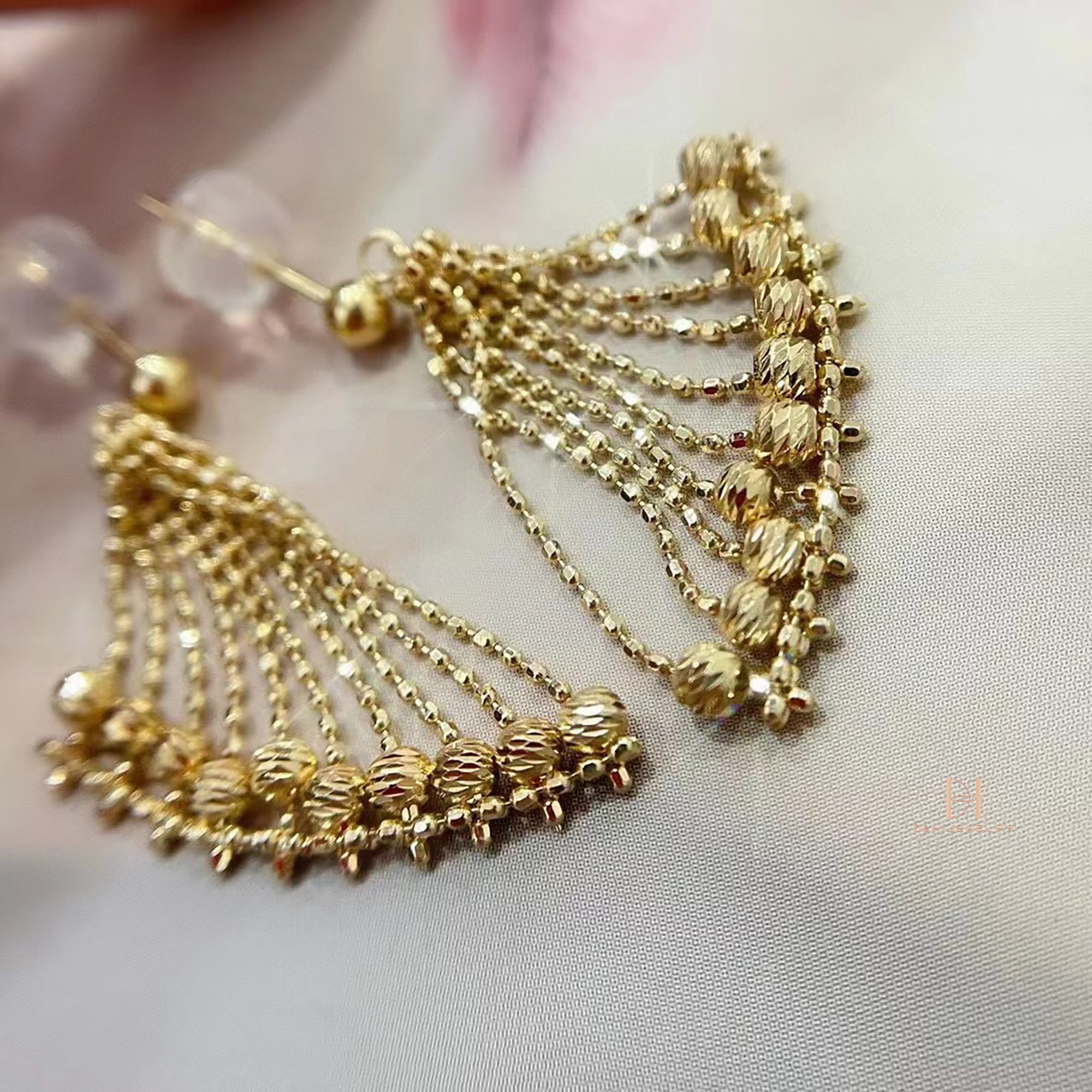 18K Real Gold Beaded Chandelier Earrings Tassel Earrings Etsy
