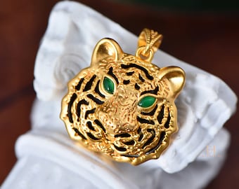 18K Gold, Real Diamond Bail, Agate, Statement Unique Tiger Necklace Pendant, Year of the Tiger, Handmade, Unisex, Perfect Gift, Art Deco