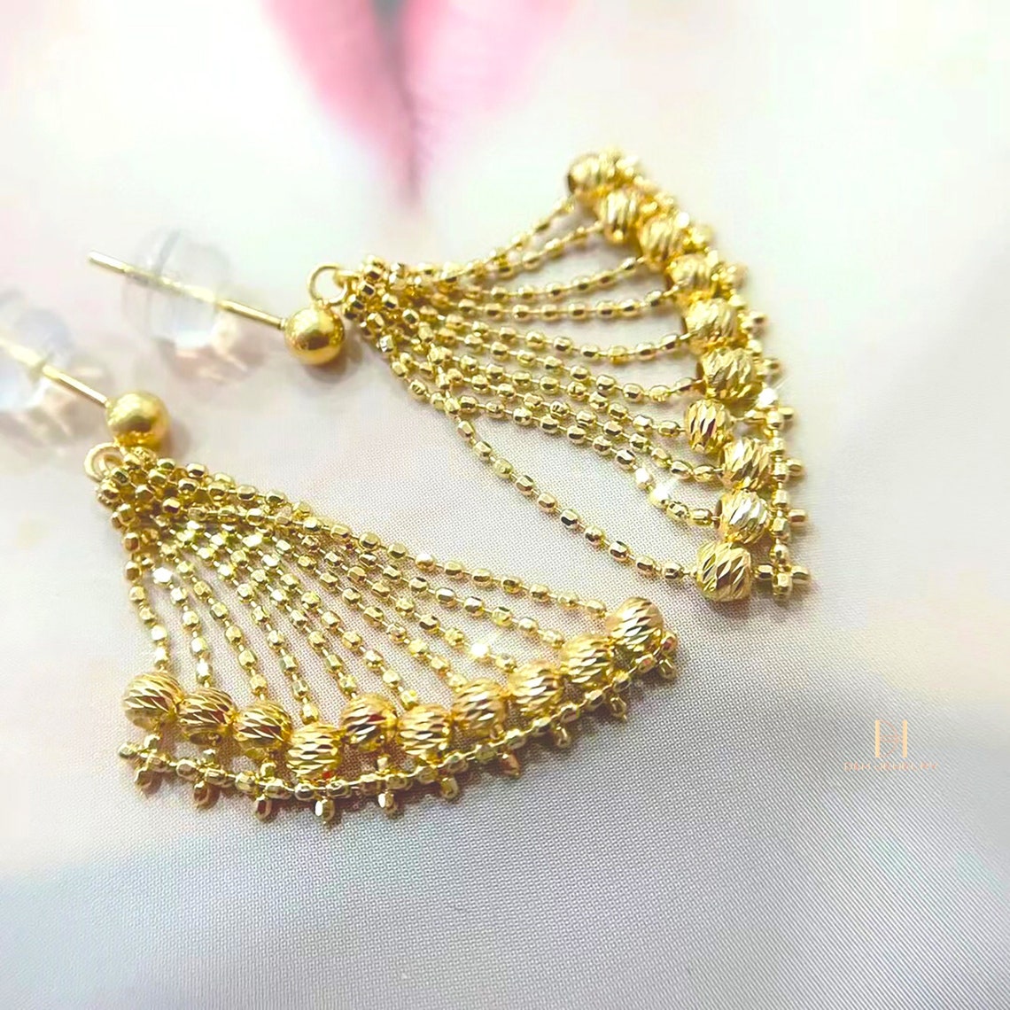18K Real Gold Beaded Chandelier Earrings Tassel Earrings Etsy