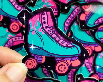 Flaming Roller Skate Sticker, Roller Derby, Quad rollers Decal, Fire Skates Sticker, Hot pink wheels, Glittery retro skates stickers decor
