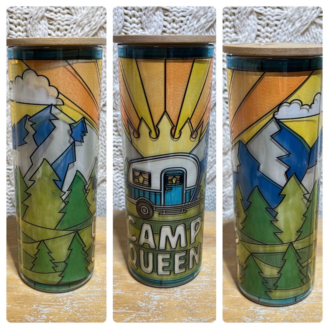 Camp Queen Mobile RV Clear Stained Glass Beer Can Glass Soda Can Glass