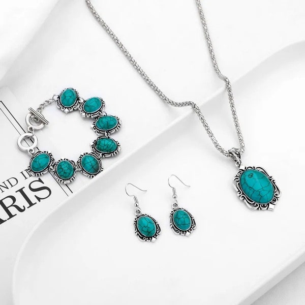 Superbe parure de bijoux vintage turquoise avec une touche ethnique - Collier, boucles d'oreilles et bracelet avec pendentif fleur pour femme