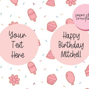 May include: Pink and white birthday party printable with confetti and cupcake designs. The text reads "Happy Birthday Mitchell" and "Your Text Here".