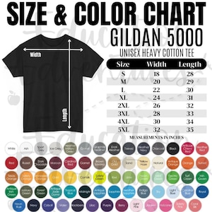 May include: A black Gildan 5000 unisex heavy cotton tee size and colour chart. The chart shows measurements in inches for sizes S to 5XL. Colour options include white, red, navy, and many more.